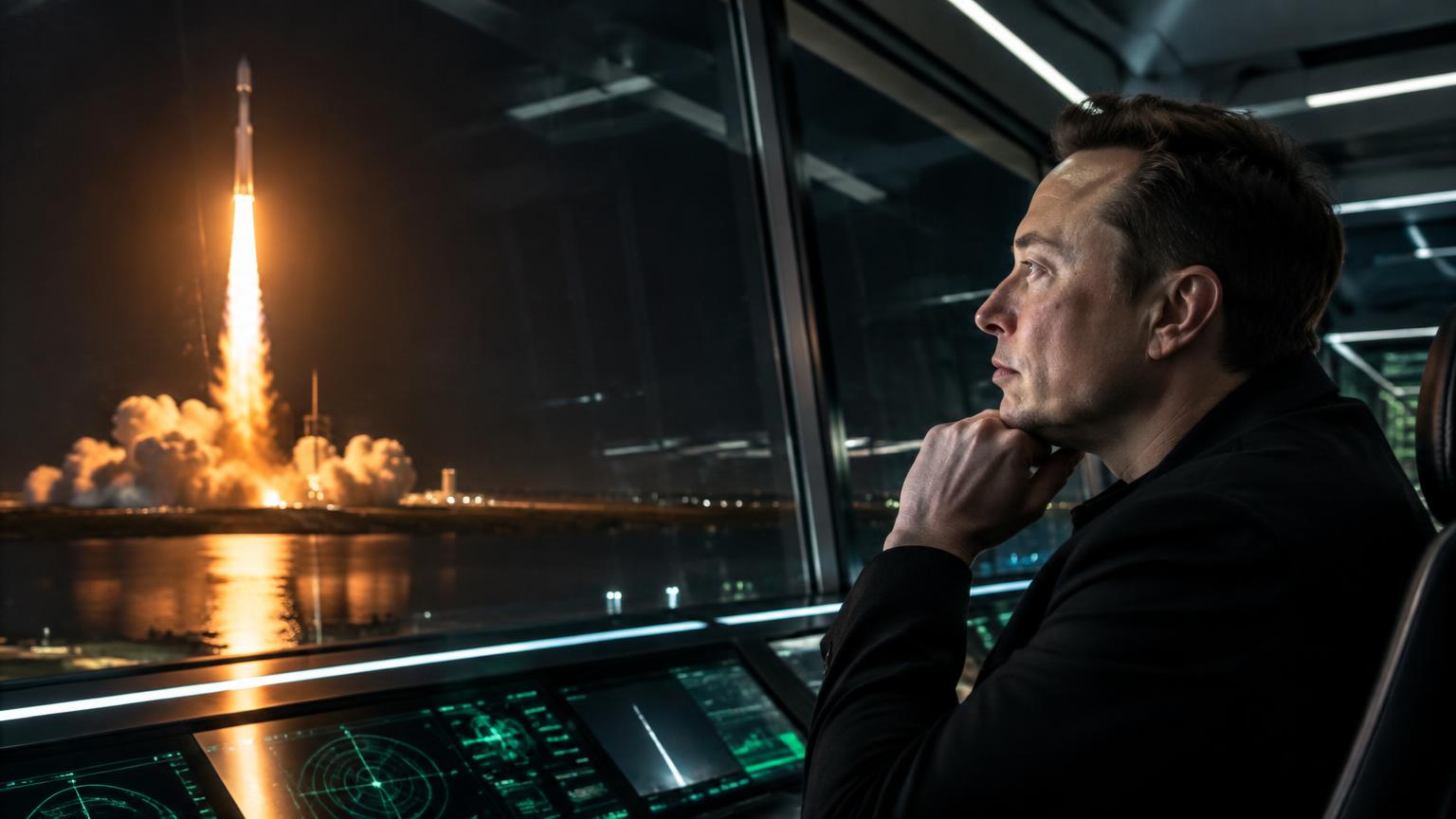 Elon Musk watching a night rocket launch